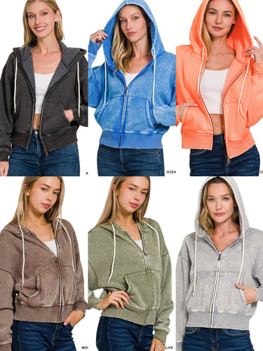 ACID WASH FLEECE CROPPED ZIP-UP HOODIE W POCKETS - ASSORTED COLORS