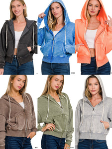 ACID WASH FLEECE CROPPED ZIP-UP HOODIE W POCKETS - ASSORTED COLORS