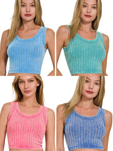 Ribbed Sleeveless Scoop Neck Cropped Tank Top - Assorted Colors