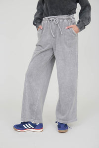 Washed Wide Leg Drawstring Lounge Pants - Olive or Charcoal