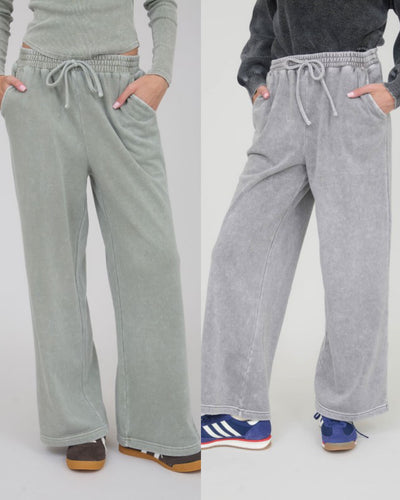 Washed Wide Leg Drawstring Lounge Pants - Olive or Charcoal