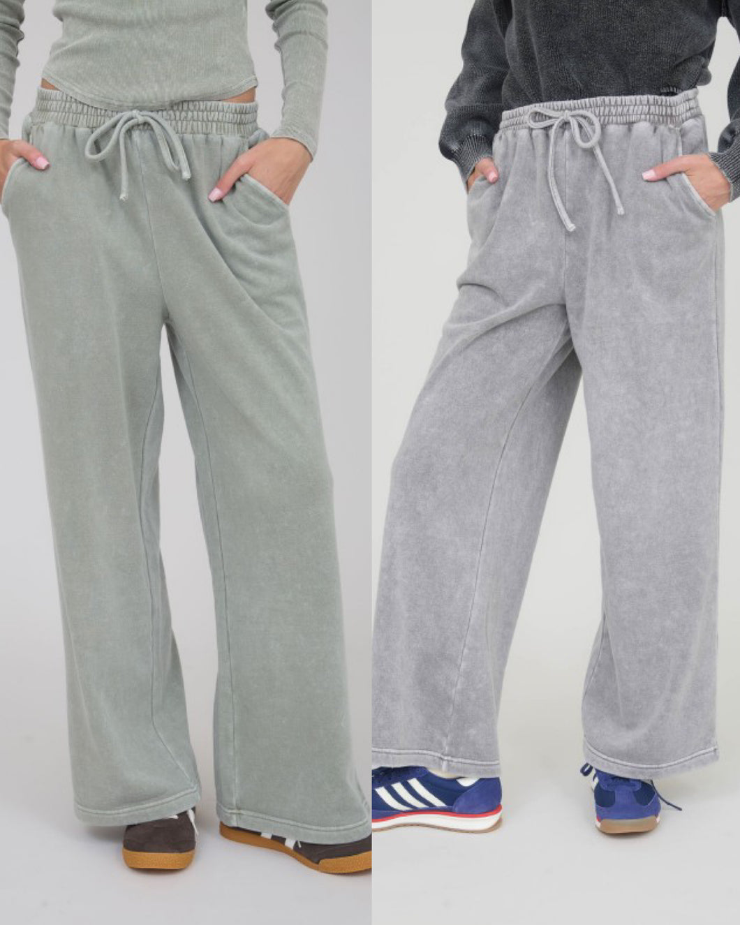 Washed Wide Leg Drawstring Lounge Pants - Olive or Charcoal