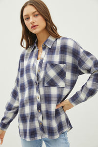 PLAID FLANNEL LONG SLEEVE BUTTON DOWN SHIRT - BLUE