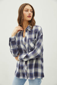 PLAID FLANNEL LONG SLEEVE BUTTON DOWN SHIRT - BLUE