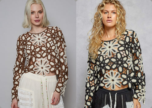 POL crochet sweater with various floral weave knit patterns - Black/Beige or Brown/Ivory