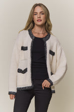 Open Front Cardigan With Pockets - Grey/Ivory or Ivory/Black