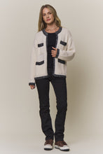 Open Front Cardigan With Pockets - Grey/Ivory or Ivory/Black