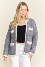 Open Front Cardigan With Pockets - Grey/Ivory or Ivory/Black