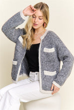 Open Front Cardigan With Pockets - Grey/Ivory or Ivory/Black