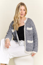 Open Front Cardigan With Pockets - Grey/Ivory or Ivory/Black