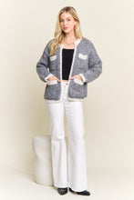 Open Front Cardigan With Pockets - Grey/Ivory or Ivory/Black