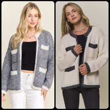 Open Front Cardigan With Pockets - Grey/Ivory or Ivory/Black