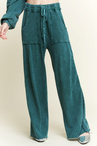 Mineral Wash Side Knit Detail Wide Leg Pants - Midnight Green