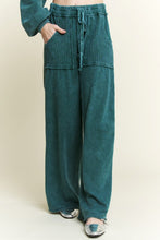 Mineral Wash Side Knit Detail Wide Leg Pants - Midnight Green