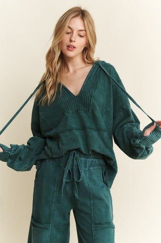 Mineralwash Hoodie Sweatshirt With Thumbholes- Midnight Green