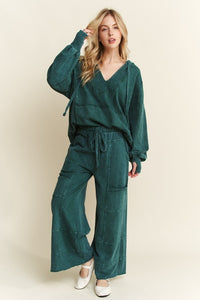 Mineralwash Hoodie Sweatshirt With Thumbholes- Midnight Green