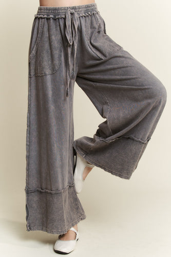 Mineralwash Wide Pants With Raw Hem Frayed Details - Grey