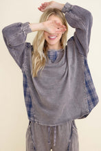 Mineral Washed Blue Plaid Sweatshirt - Charcoal