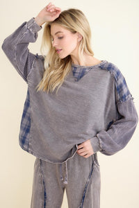 Mineral Washed Blue Plaid Sweatshirt - Charcoal