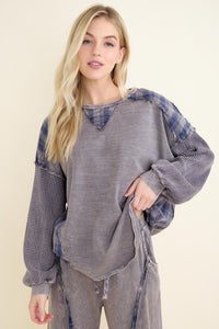 Mineral Washed Blue Plaid Sweatshirt - Charcoal