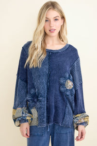 Mineral Washed Daisy Patchwork Sweater - Navy