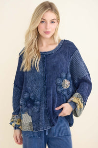 Mineral Washed Daisy Patchwork Sweater - Navy