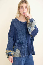 Mineral Washed Daisy Patchwork Sweater - Navy