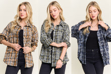 Burnout Plaid Washed-look Shirt - Brown, Dark Blue, Green