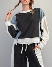 Frayed Color Block Long Sleeve Pullover - Ashed Black or Brown Sugar