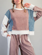 Frayed Color Block Long Sleeve Pullover - Ashed Black or Brown Sugar