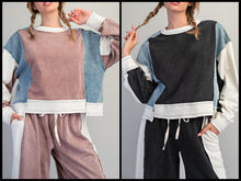 Frayed Color Block Long Sleeve Pullover - Ashed Black or Brown Sugar