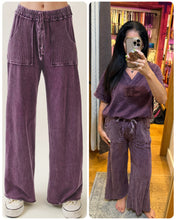 Mineral Wash Side Knit Detail Wide Leg Pants - Eggplant