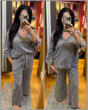 Mineral Washed Boho Pattern Patched Vneck Blouse - Charcoal