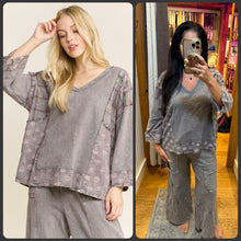 Mineral Washed Boho Pattern Patched Vneck Blouse - Charcoal