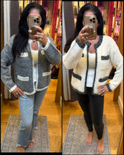 Open Front Cardigan With Pockets - Grey/Ivory or Ivory/Black