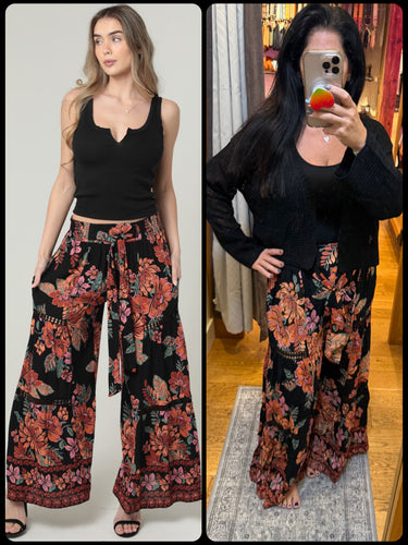 Wide Leg Lace Inserts Tie Waist Pants - Black
