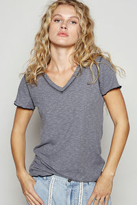 POL V-neck short sleeve regular fit top in ribbed jersey with contrast overlock stitching detail - Charcoal