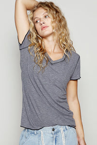 POL V-neck short sleeve regular fit top in ribbed jersey with contrast overlock stitching detail - Charcoal