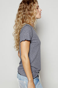 POL V-neck short sleeve regular fit top in ribbed jersey with contrast overlock stitching detail - Charcoal