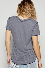 POL V-neck short sleeve regular fit top in ribbed jersey with contrast overlock stitching detail - Charcoal