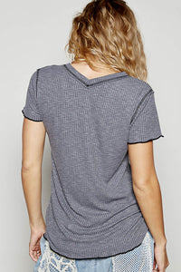 POL V-neck short sleeve regular fit top in ribbed jersey with contrast overlock stitching detail - Charcoal