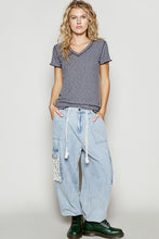 POL V-neck short sleeve regular fit top in ribbed jersey with contrast overlock stitching detail - Charcoal