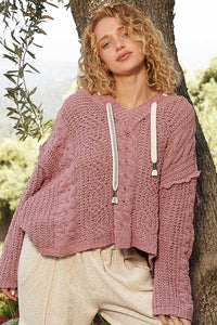 POL V-neck hooded cable knit chenille sweater - Assorted Colors