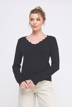 Pointelle Pullover Sweater With Scallop V-neck - Assorted Colors