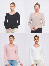 Pointelle Pullover Sweater With Scallop V-neck - Assorted Colors