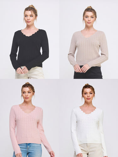 Pointelle Pullover Sweater With Scallop V-neck - Assorted Colors