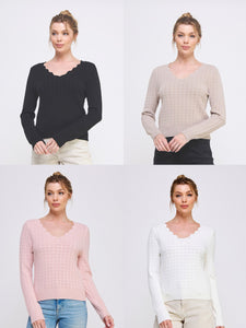 Pointelle Pullover Sweater With Scallop V-neck - Assorted Colors