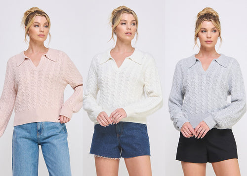 Cable Knit Johnny Collar Pullover - Assorted Colors