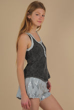 Washed Knit & Denim Contrast Detail Tank Top -Black or Denim