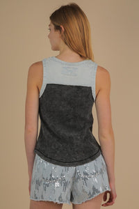 Washed Knit & Denim Contrast Detail Tank Top -Black or Denim